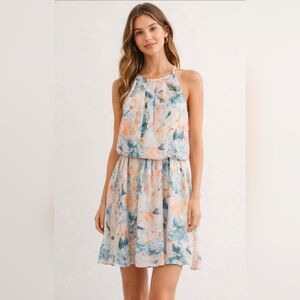 Lush Watercolor Floral Halter Dress Open Back Blouson Mini